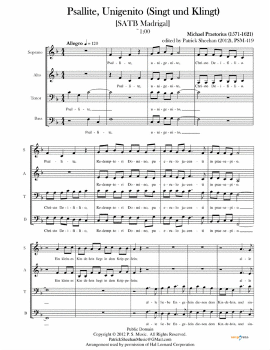 Psallite, Unigenito (Singt und Klingt) [SATB madrigal] 4-Part scores gallery preview page 1