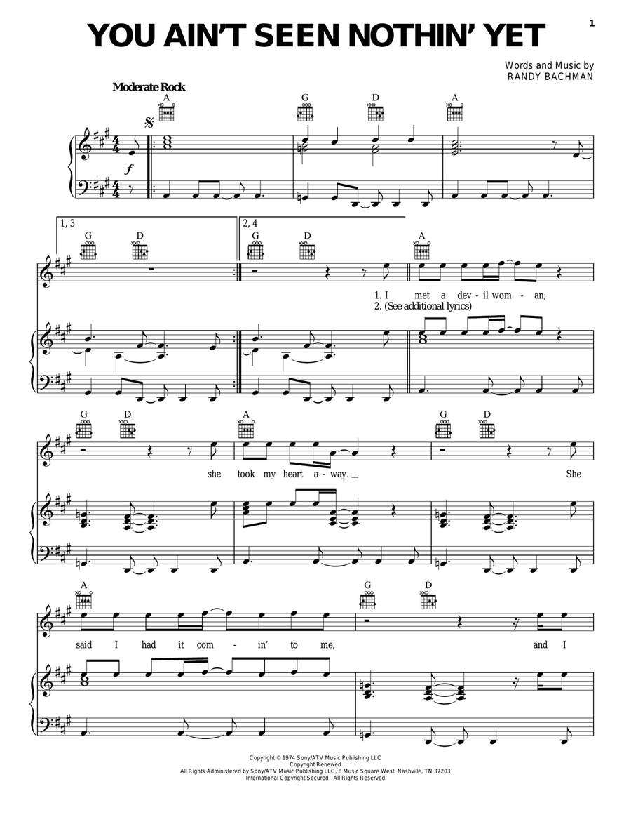 You Ain't Seen Nothin' Yet Piano, Vocal, Guitar scores gallery preview page 1