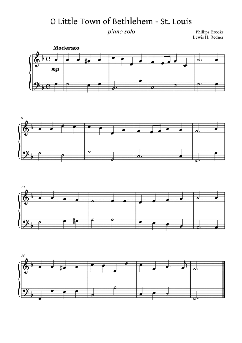 O Little Town of Bethlehem (St. Louis) for piano solo - Easy version image number null