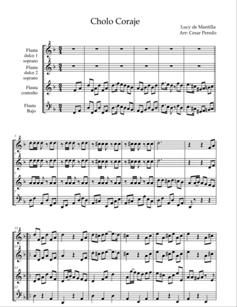 Cholo coraje - marinera para 4 flautas dulces Small Ensemble scores gallery preview page 2