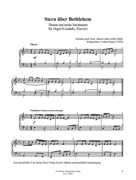 Stern über Bethlehem für Orgel (Cembalo, Klavier) -Thema und sechs Variationen auf die Melodie von Alfred Hans Zoller-