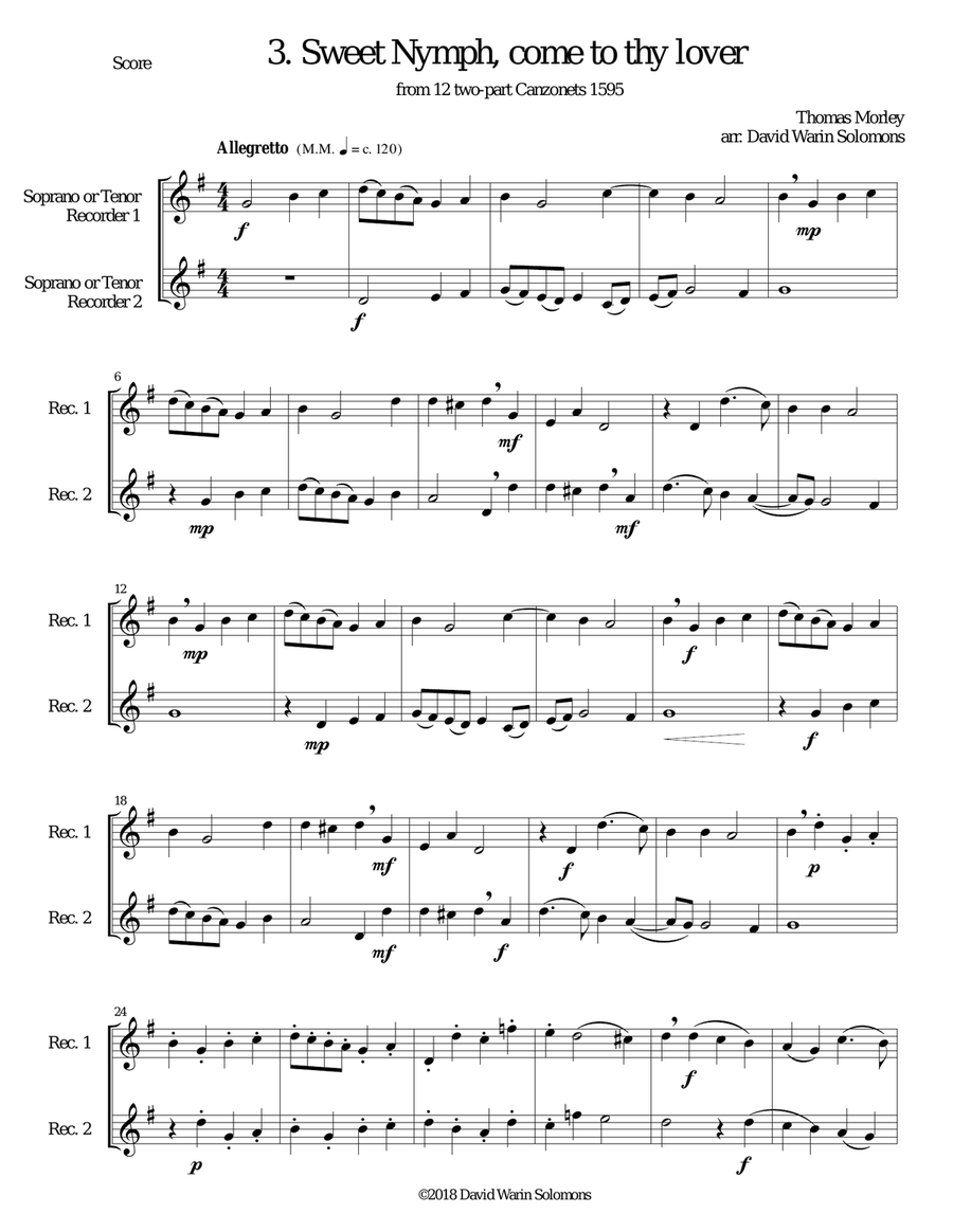 12 easy Canzonets for soprano and or tenor recorder duo Woodwind Duet scores gallery preview page 6