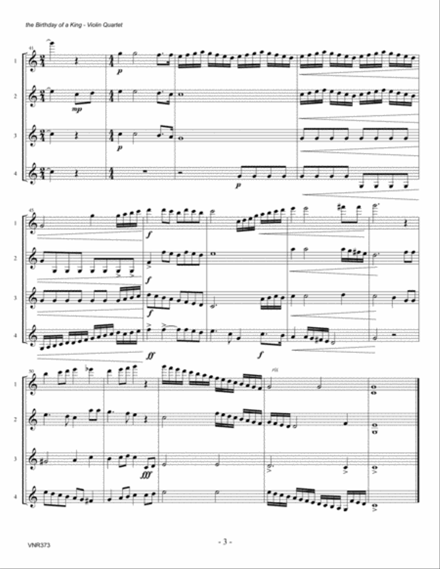 THE BIRTHDAY OF A KING - VIOLIN QUARTET or 3 Violins & Viola (unaccompanied) Viola scores gallery preview page 3