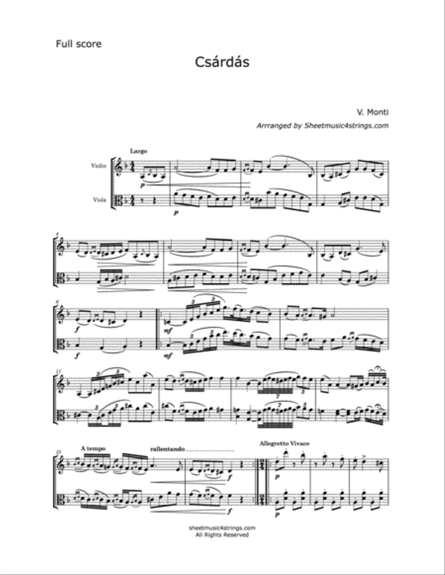 Monti, V. - Csardas for Violin and Viola String Duet scores gallery preview page 1