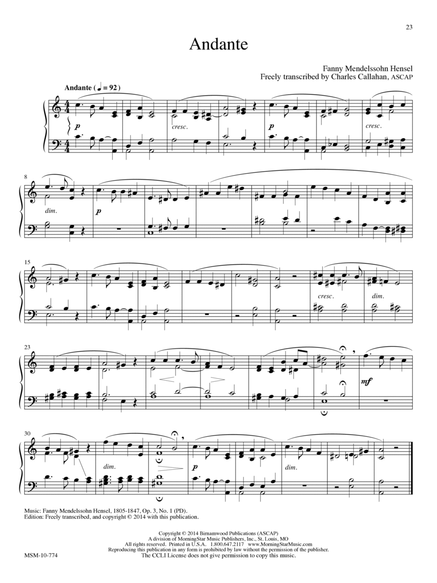 Andante, Op 3, No. 5 (A minor) Organ scores gallery preview page 1