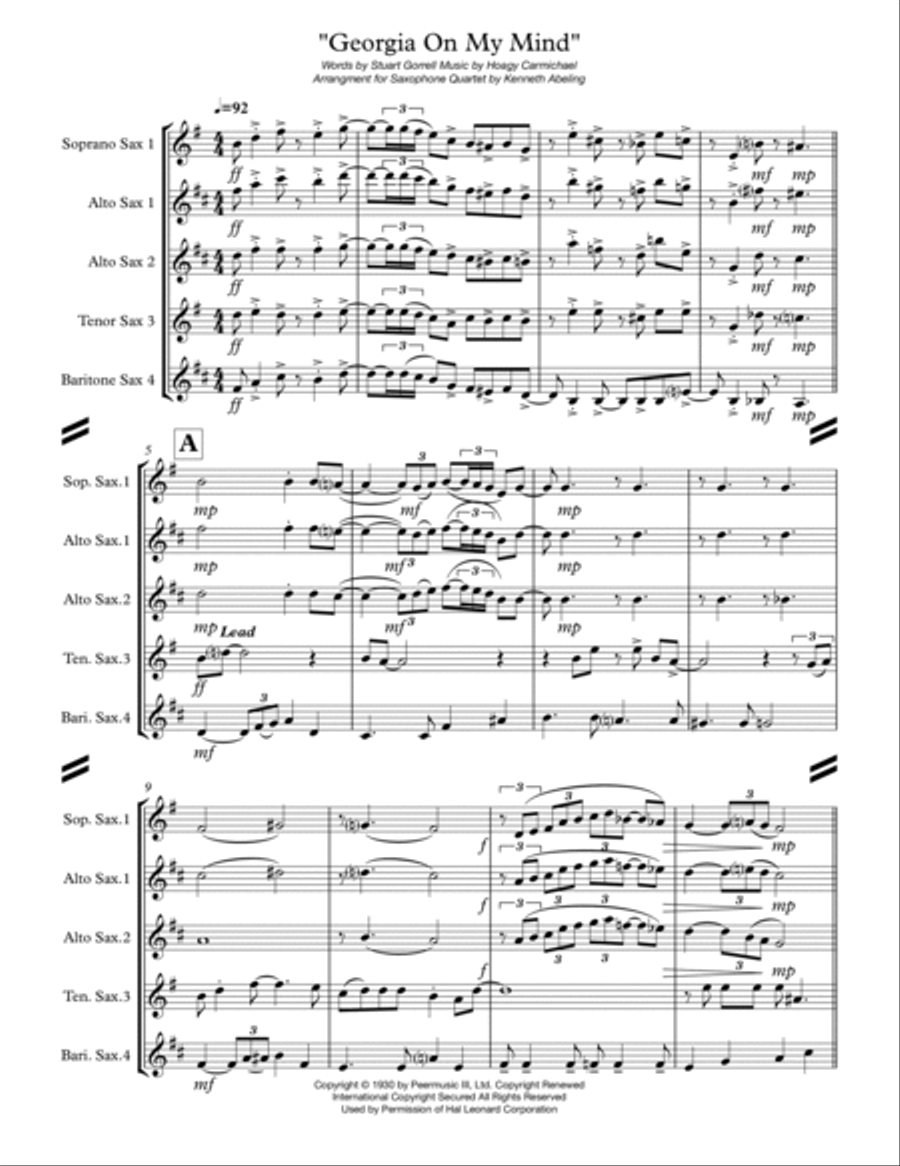 Georgia On My Mind Saxophone Quartet scores gallery preview page 2