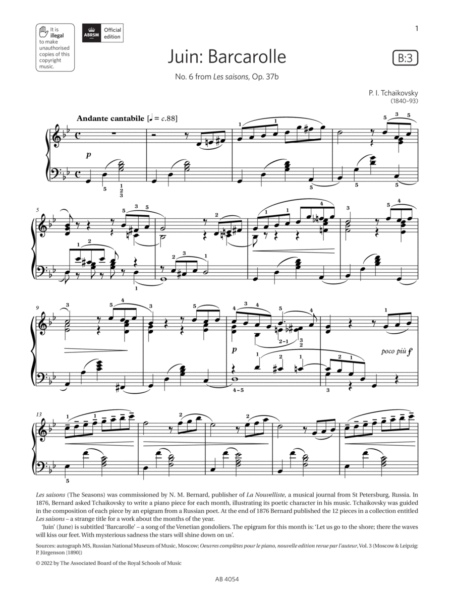 Juin: Barcarolle (Grade 8, list B3, from the ABRSM Piano Syllabus 2023 & 2024) Piano Method scores gallery preview page 1