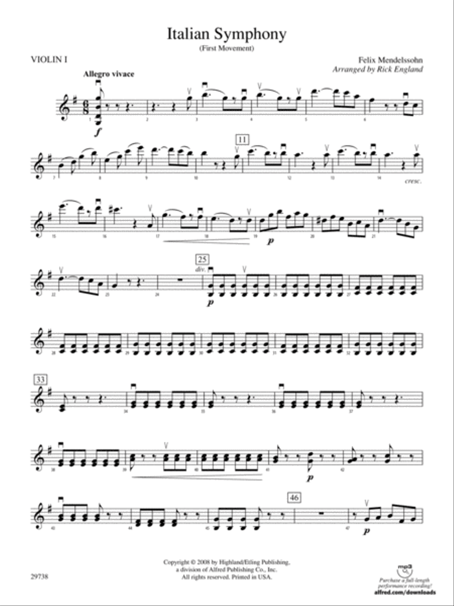 Italian Symphony (First Movement): 1st Violin String Orchestra scores gallery preview page 1