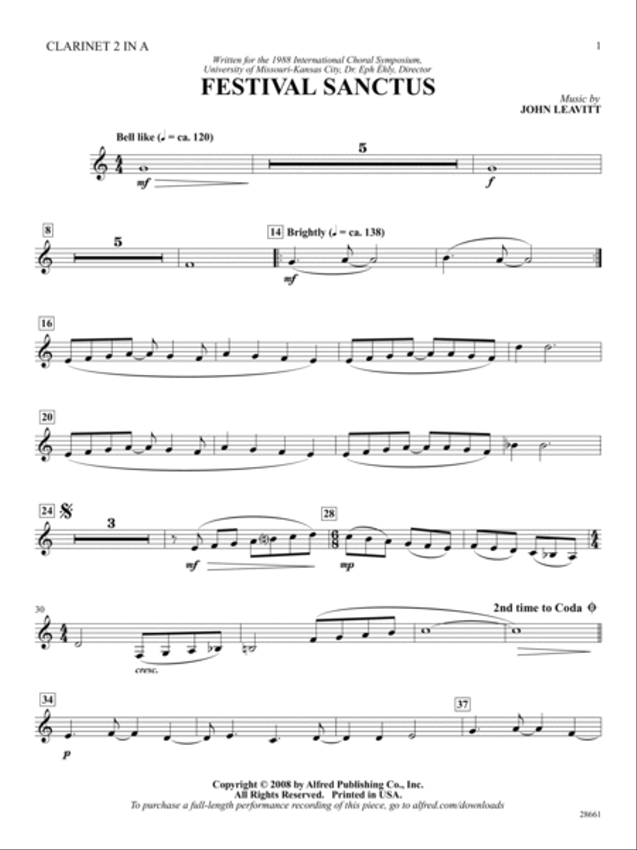 Festival Sanctus: 2nd Clarinet in A A Clarinet scores gallery preview page 1