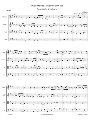 Bach: Prelude & Fugue in E Minor BWV 555 transcribed for String Quartet