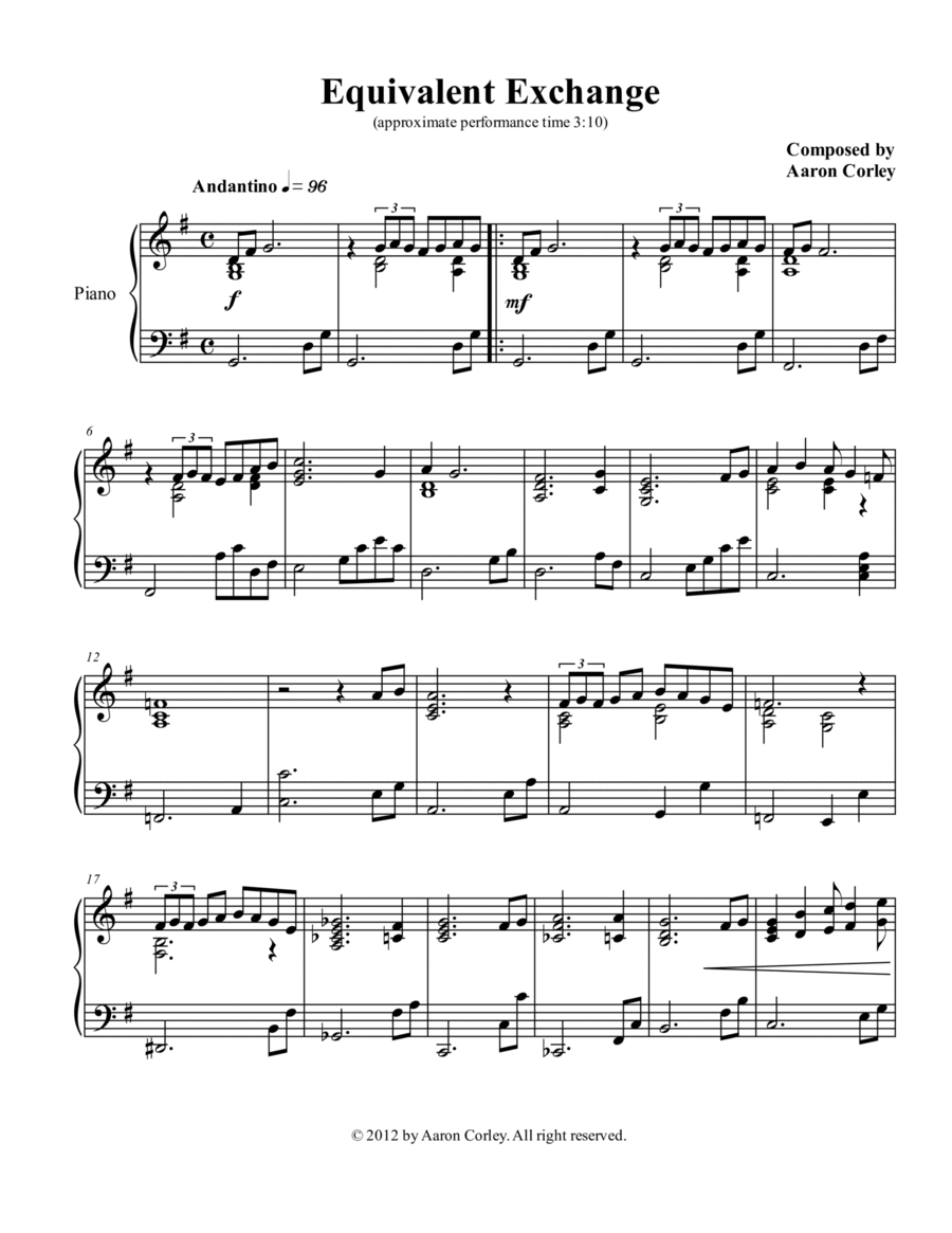 Equivalent Exchange Piano Solo scores gallery preview page 1