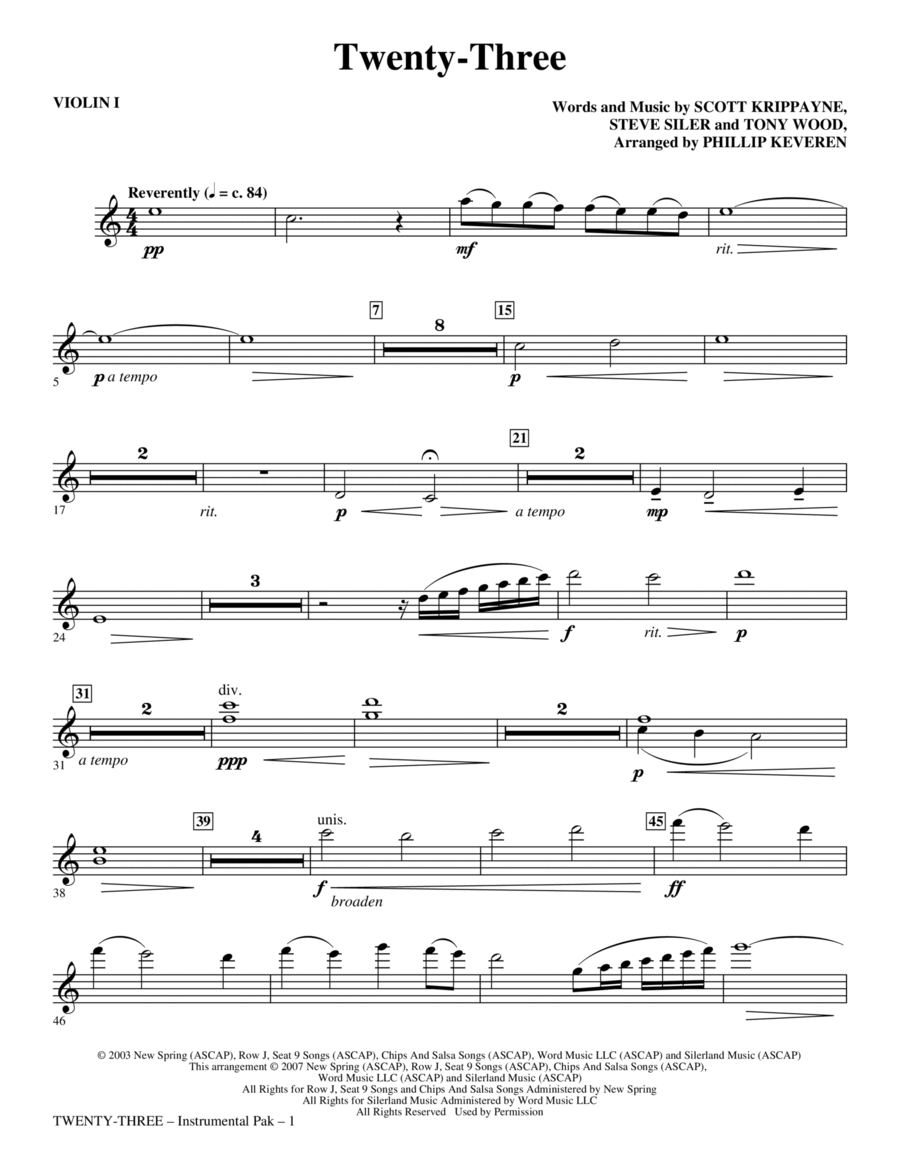 Twenty-Three (arr. Phillip Keveren) - Violin I Choir scores gallery preview page 1