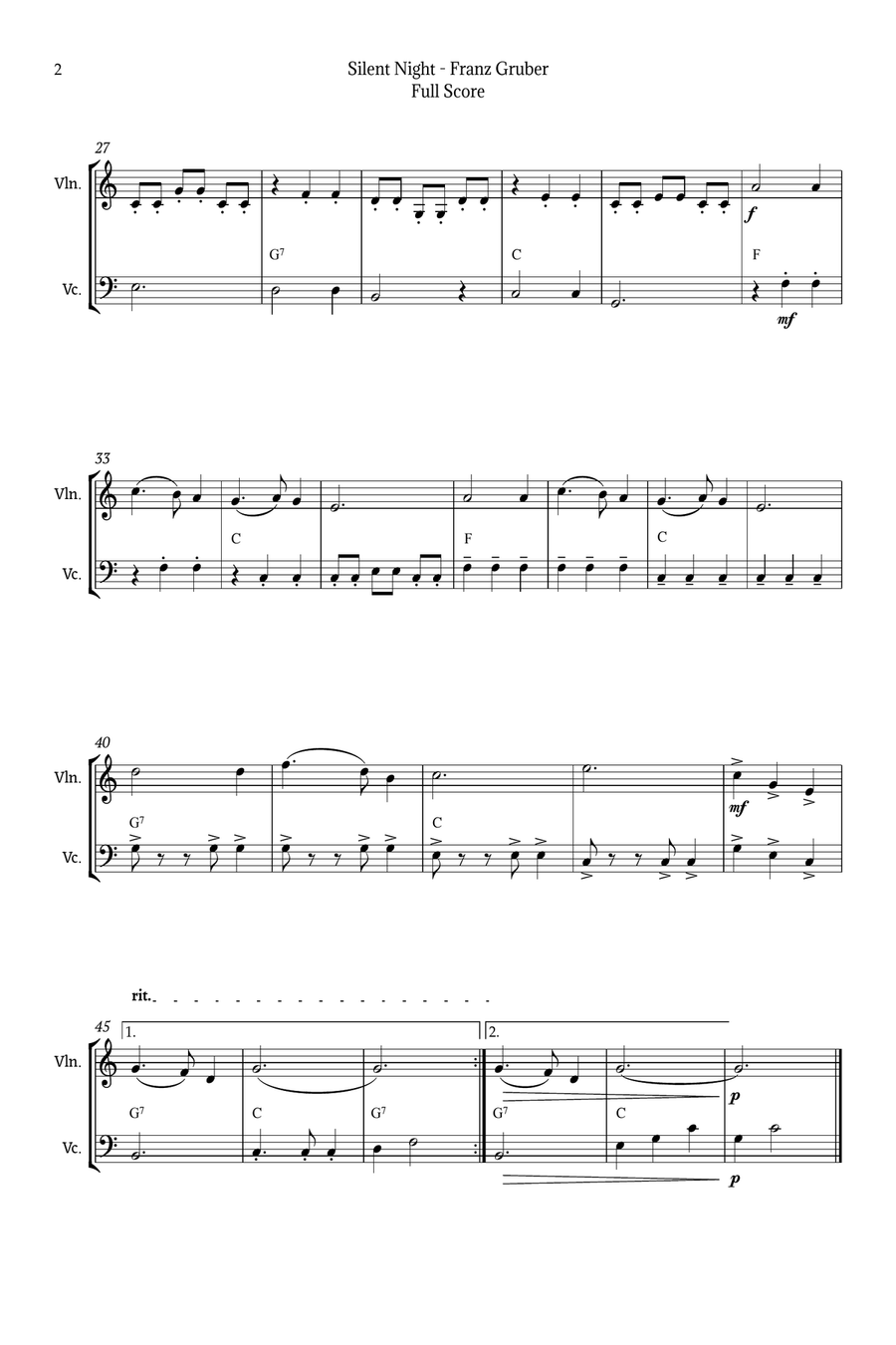 Silent Night for Violin and Cello Duet String Duet scores gallery preview page 2