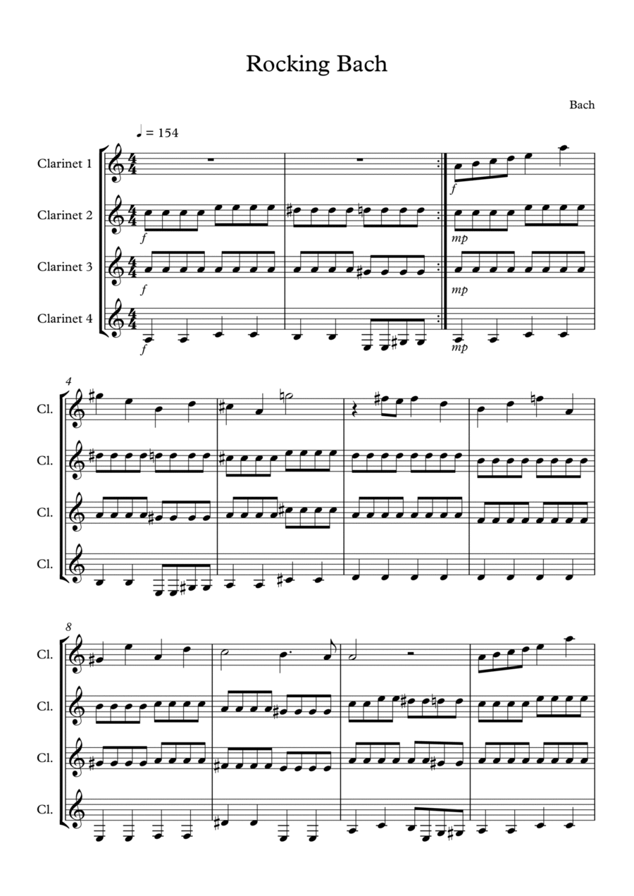 Rocking Bach Clarinet Quartet scores gallery preview page 1