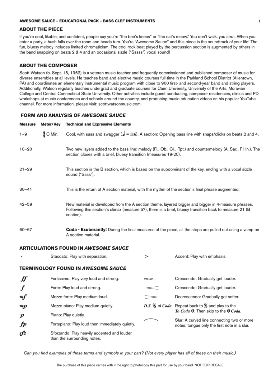Awesome Sauce: Bass Clef Educational Pack Concert Band scores gallery preview page 1