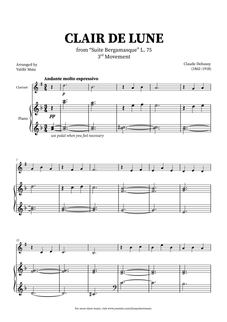 Clair de Lune - Clarinet and Piano B-Flat Clarinet scores gallery preview page 1