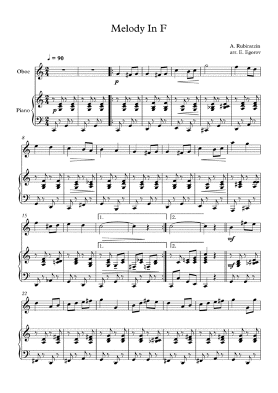 Melody In F, Anton Rubinstein, For Oboe & Piano Piano scores gallery preview page 1