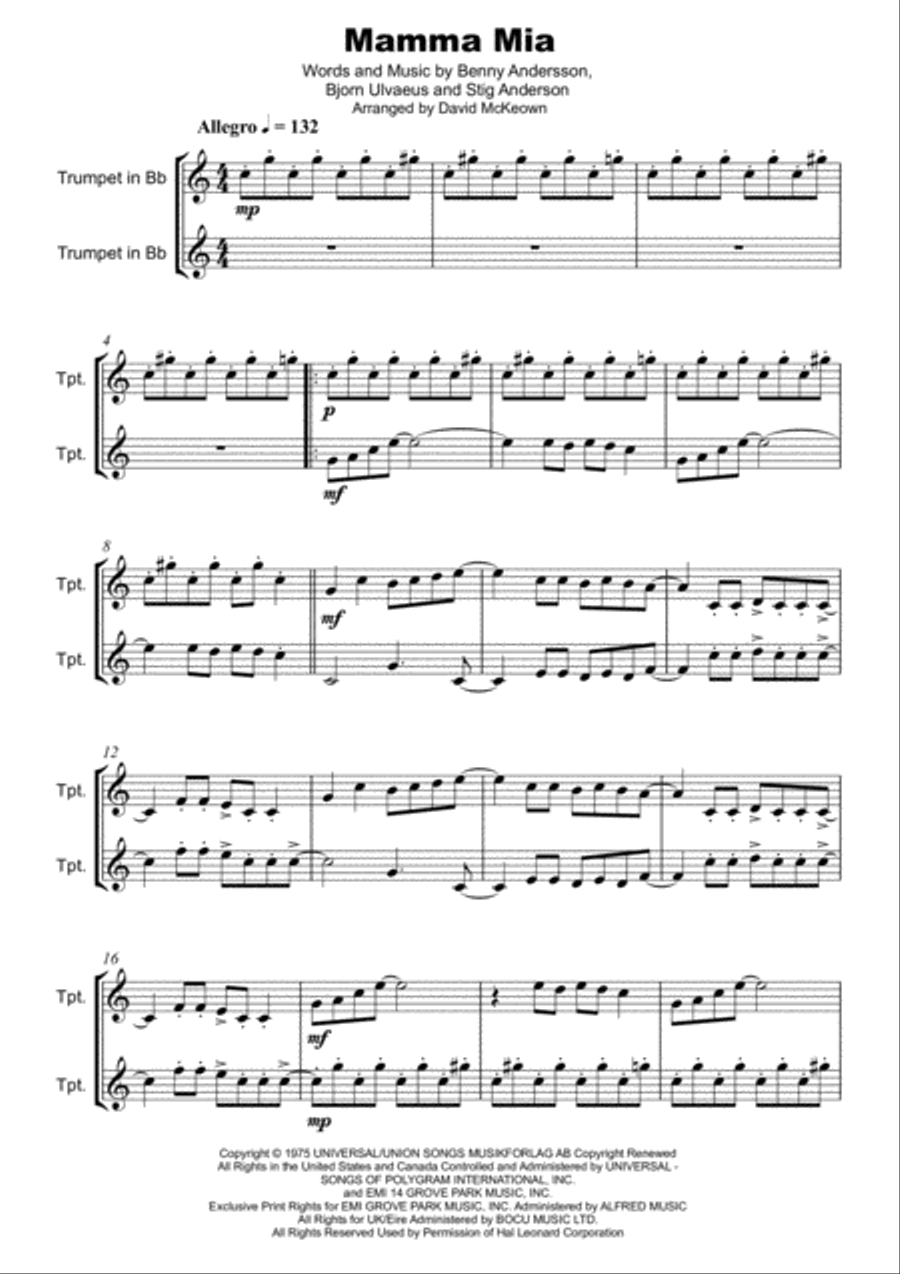 Mamma Mia Trumpet Duet scores gallery preview page 2