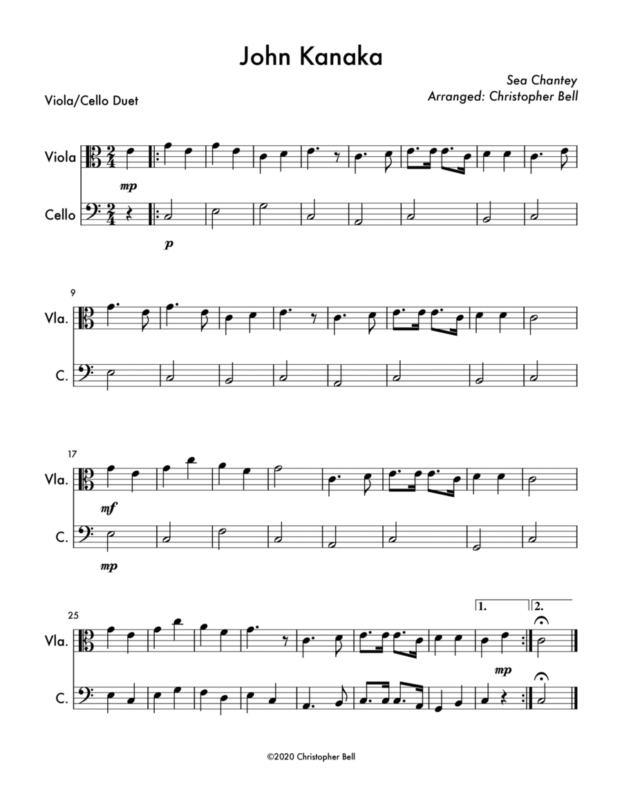 John Kanaka (Easy Viola/Cello Duet) String Duet scores gallery preview page 1