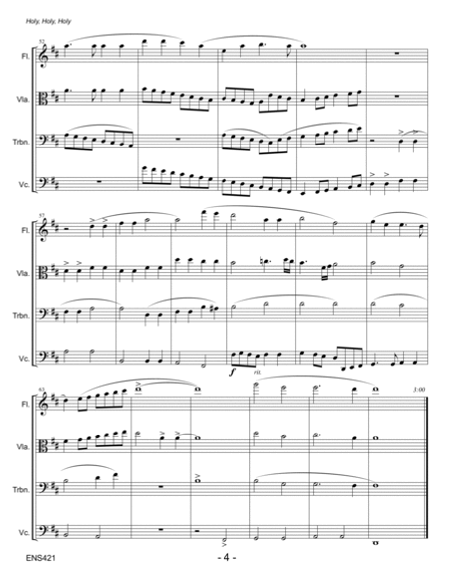 HOLY, HOLY, HOLY - Flute, Viola or Clarinet, Trombone & Cello (unaccompanied) Large Ensemble scores gallery preview page 4