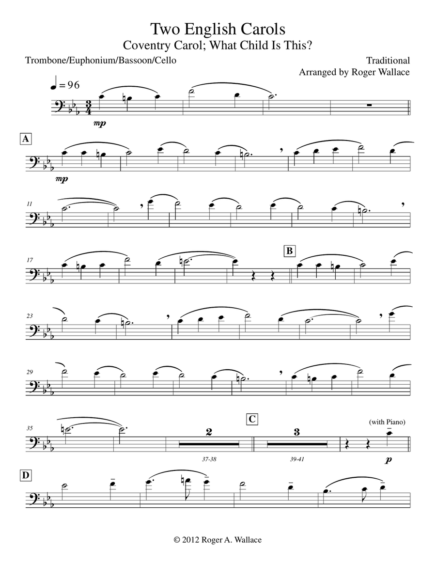 Two English Carols (Coventry Carol; What Child Is This?) Trombone & Piano Piano scores gallery preview page 1