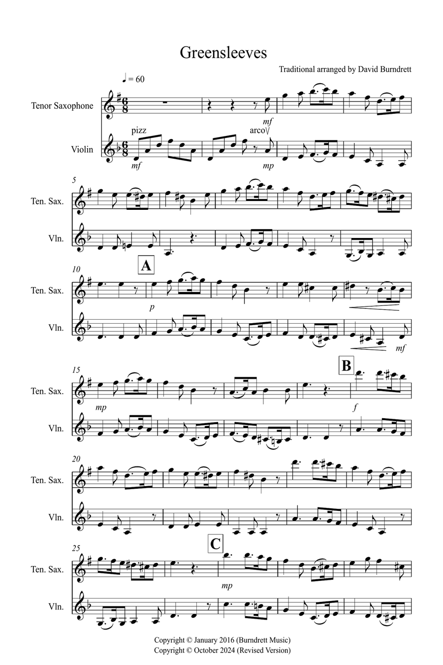 Greensleeves for Tenor Saxophone and Violin Duet Tenor Saxophone scores gallery preview page 1