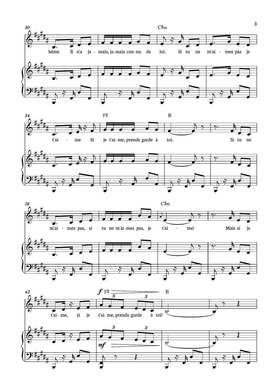 Habanera - Carmen for piano, chords and voice in B minor. Piano, Vocal scores gallery preview page 3