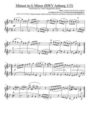 Petzold (NOT Bach!) - Minuet in G Minor (BWV Anhang 115) - G-clef piano/harp (GCP/GCH) arrangement