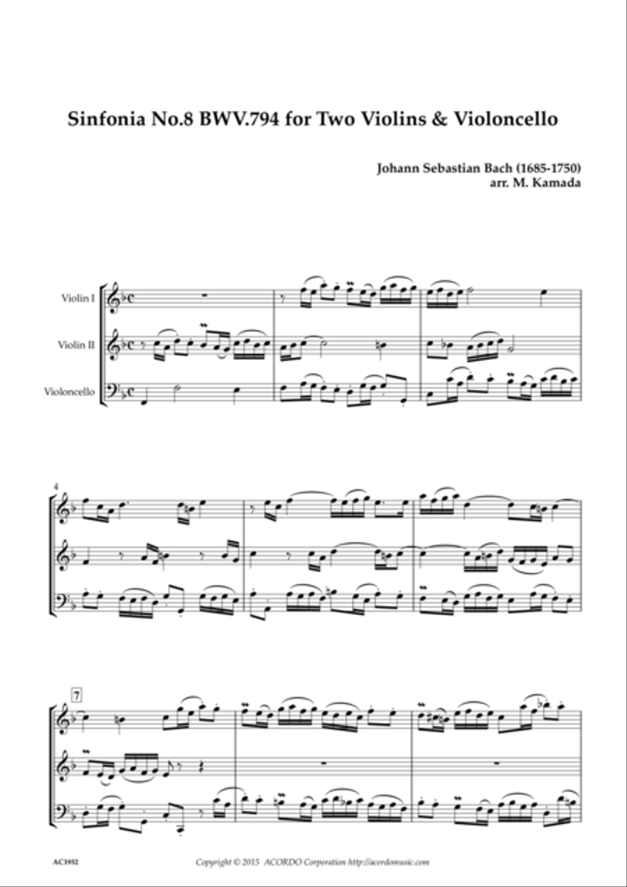 Sinfonia No.8 BWV.794 for Two Violins & Violoncello String Duet scores gallery preview page 1