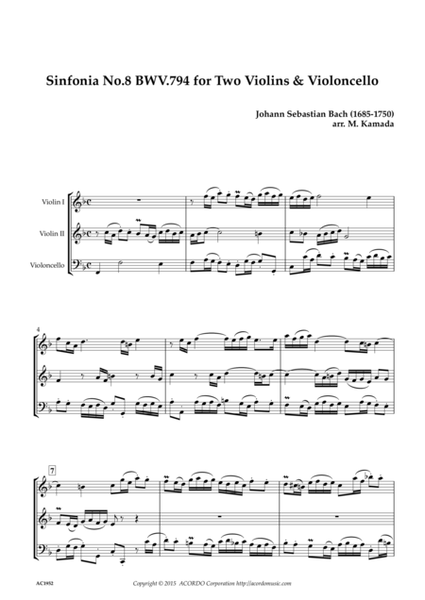 Sinfonia No.8 BWV.794 for Two Violins & Violoncello image number null