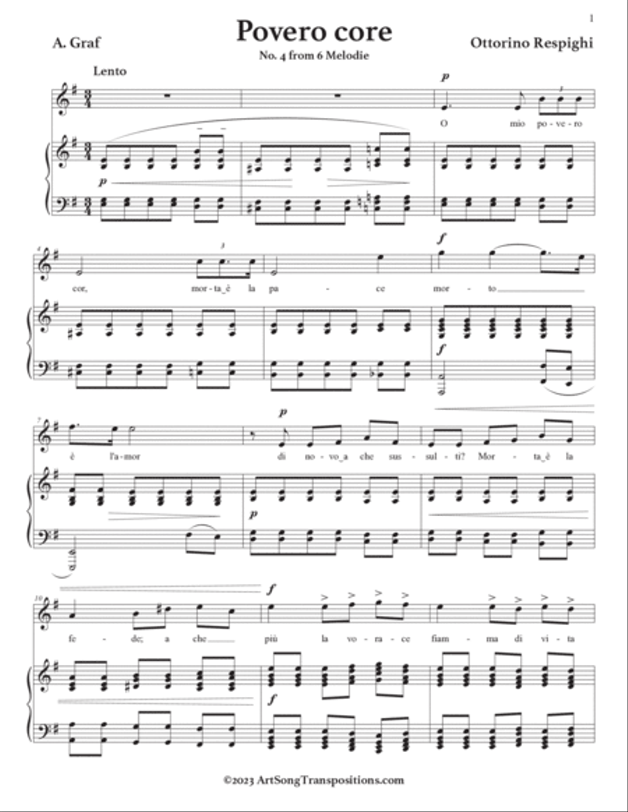 RESPIGHI: Povero core (transposed to E minor) Voice scores gallery preview page 2