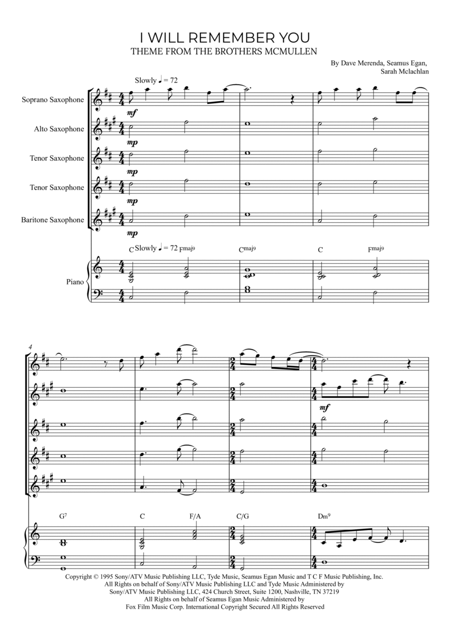 I Will Remember You Saxophone Quintet scores gallery preview page 1