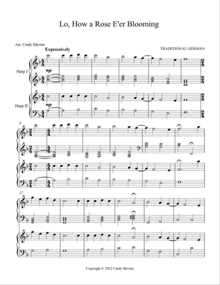 Lo, How a Rose E'er Blooming, for Harp Duet Harp scores gallery preview page 2