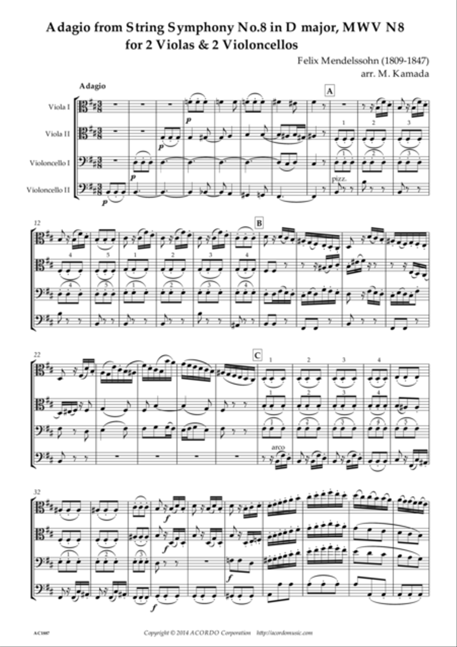 Adagio from String Symphony No.8 in D major, MWV N8 for 2 Violas & 2 Violoncellos String Duet scores gallery preview page 1