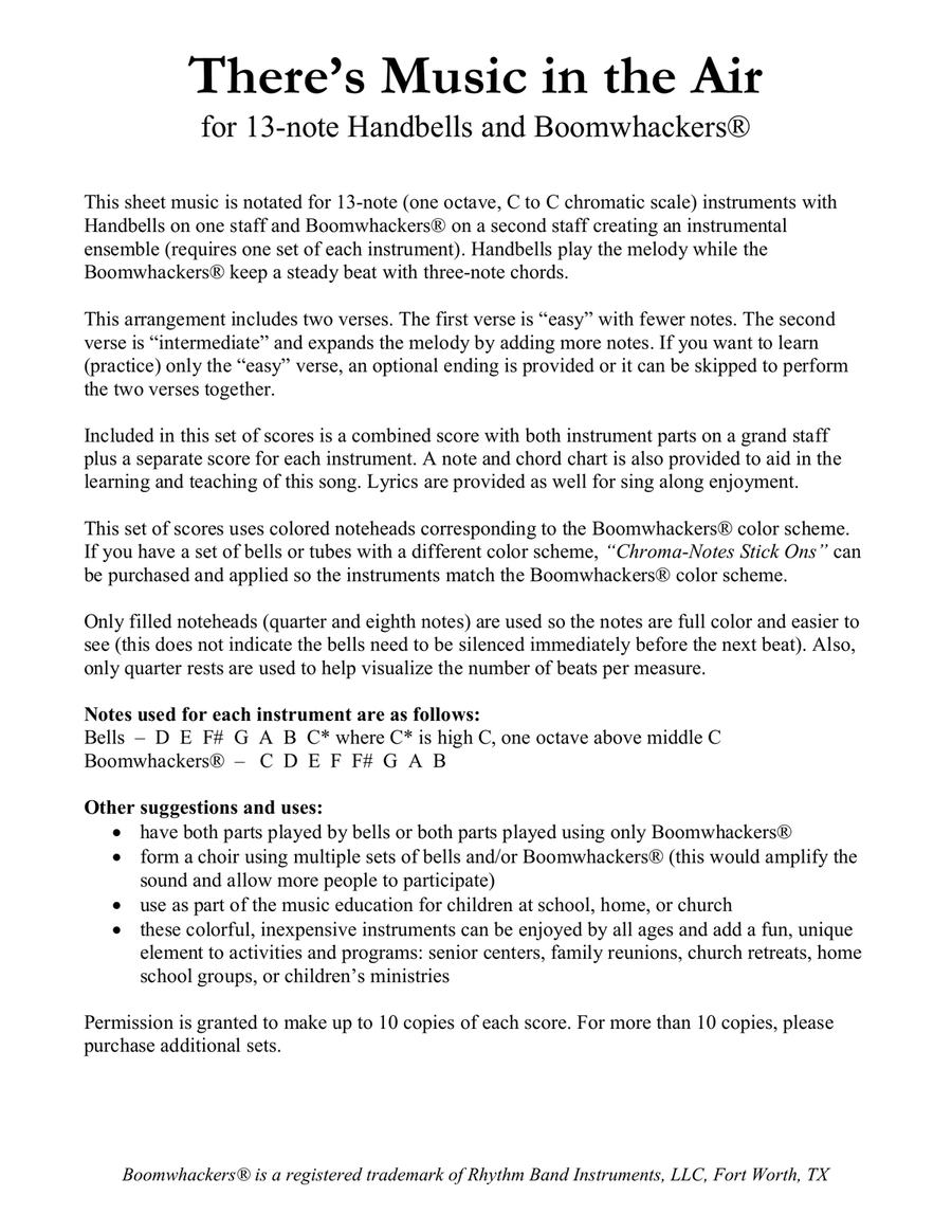 There's Music in the Air (for 13-note Bells and Boomwhackers with Color Coded Notes) Handbell Choir scores gallery preview page 2
