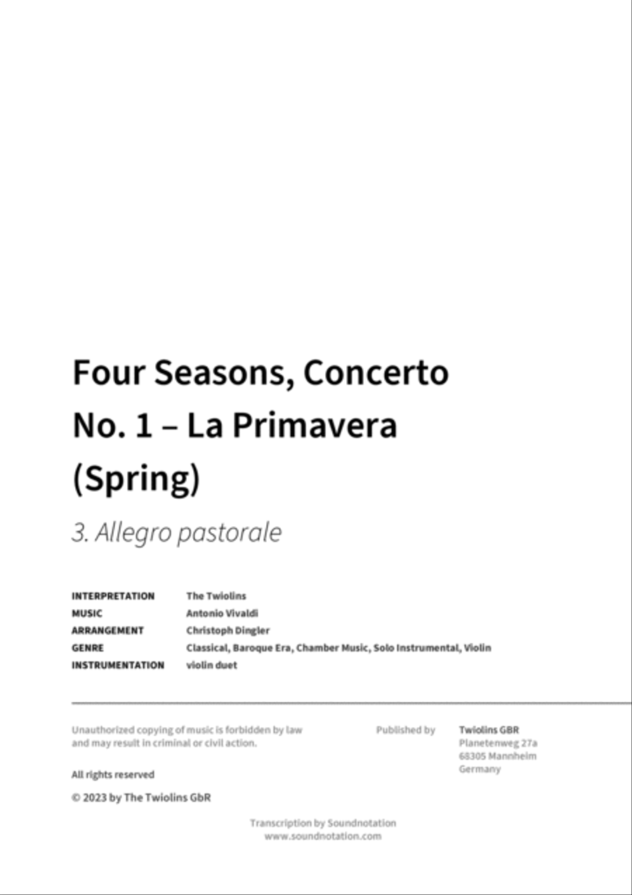 Four Seasons, Concerto No. 1 – La Primavera (Spring) String Duet scores gallery preview page 2