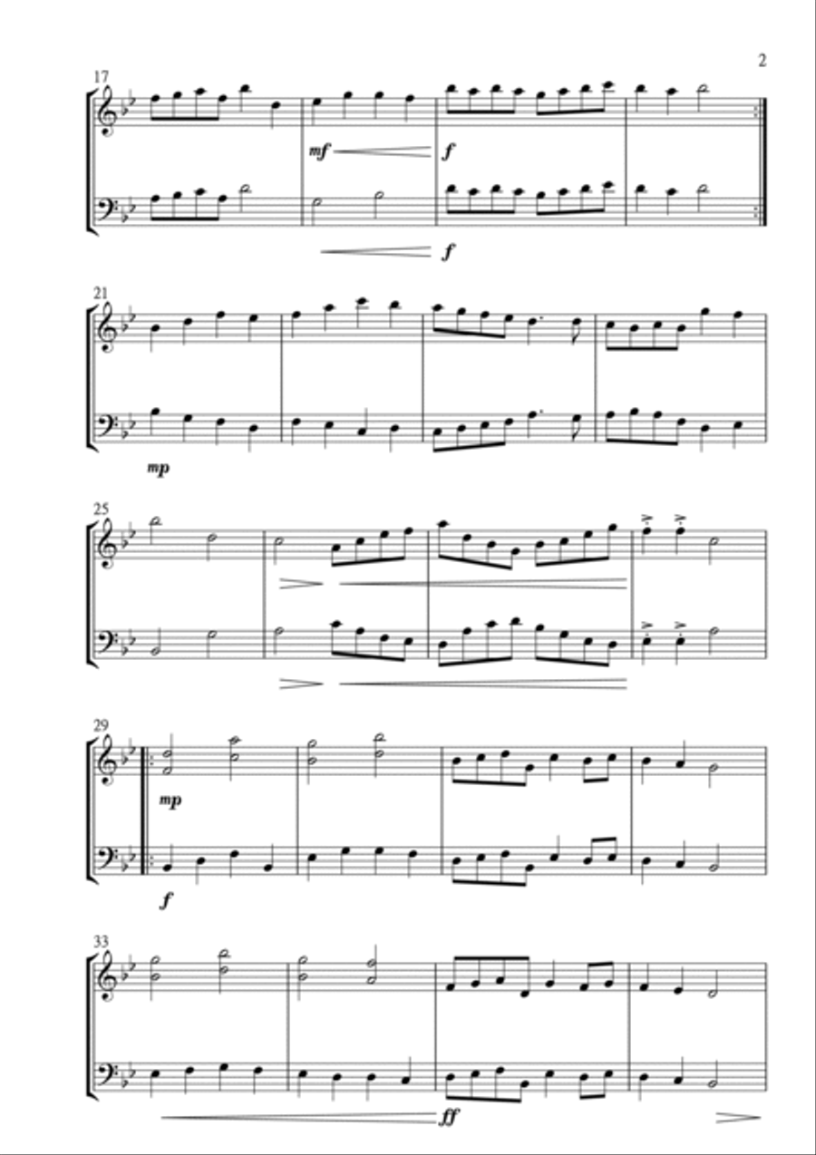 Christ the Lord is Risen Today; Jesus Christ is Risen Today for Violin and Cello in Bb major. Interm String Duet scores gallery preview page 3