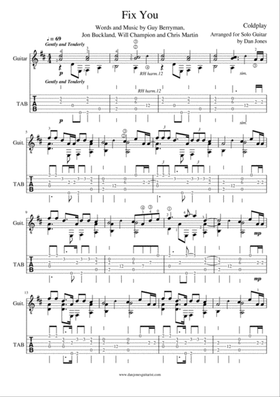Fix You Guitar Tablature scores gallery preview page 2