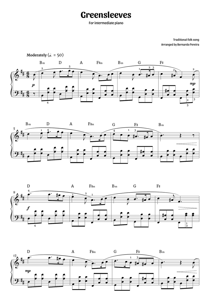 Greensleeves (intermediate piano – B minor) Piano Solo scores gallery preview page 1