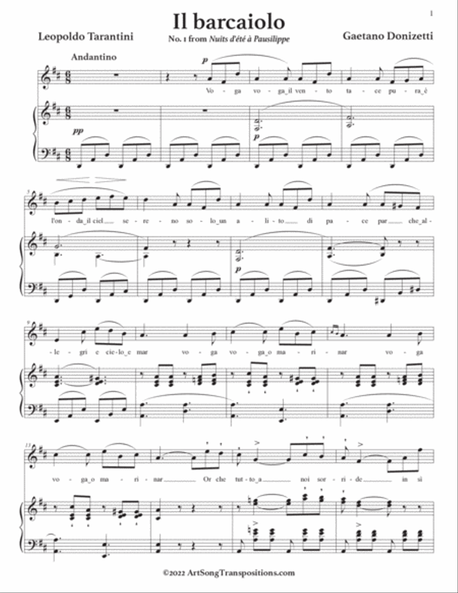 DONIZETTI: Il barcaiolo (transposed to D major) Voice scores gallery preview page 2