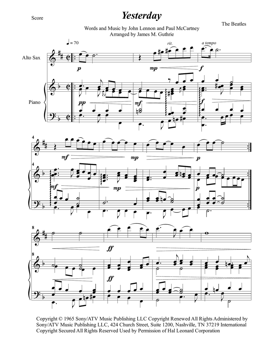 Yesterday Alto Saxophone scores gallery preview page 1