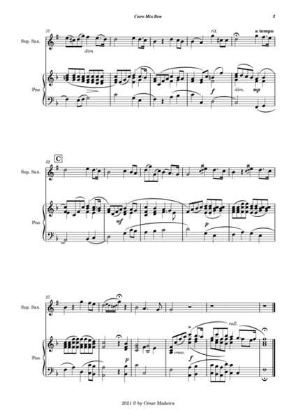 Caro Mio Ben (Come Once Again) - Soprano Sax and Piano (Full Score and Parts) image number null