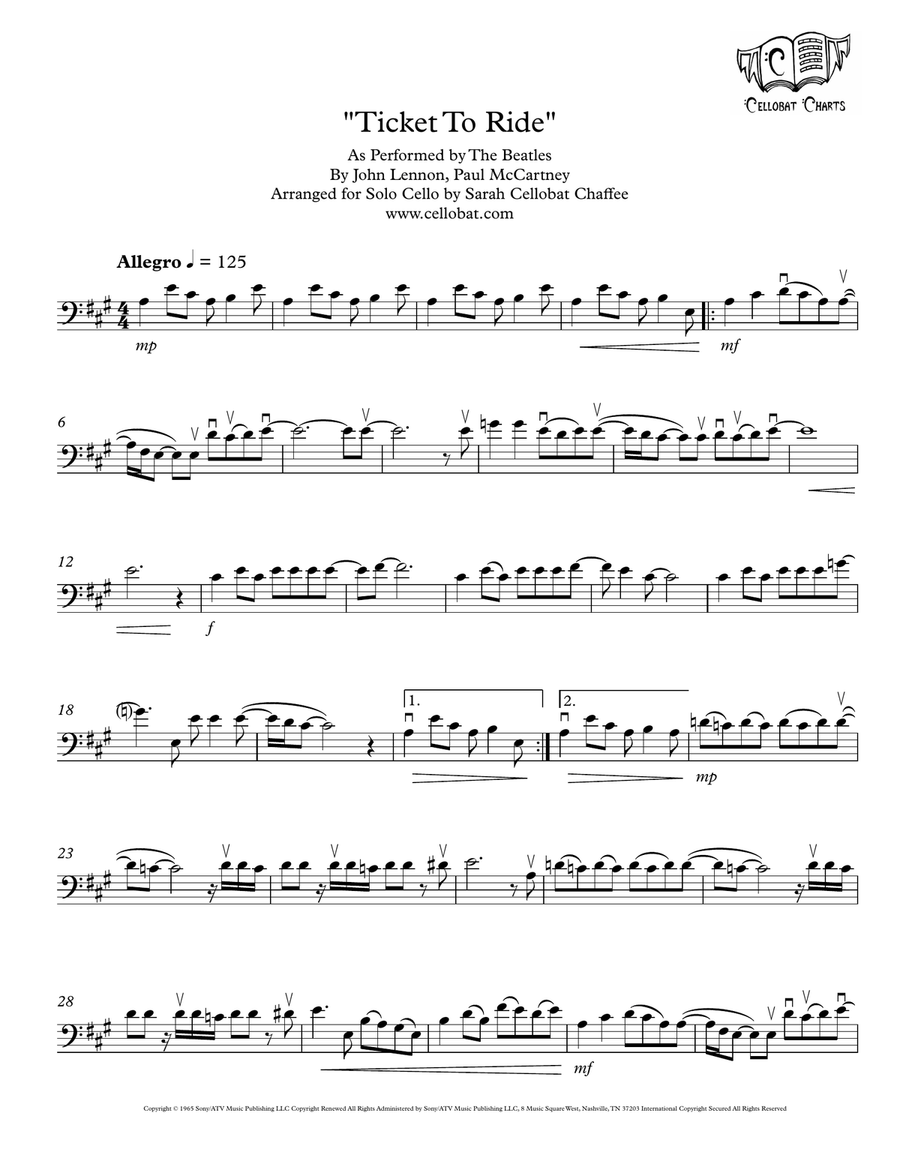 Ticket To Ride by The Beatles Cello Solo - Digital Sheet Music