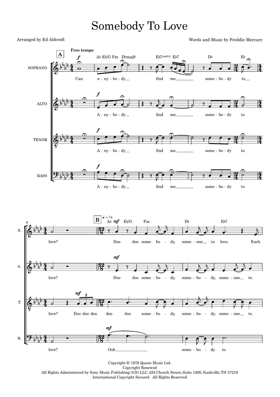 Somebody To Love (arr. Ed Aldcroft) 4-Part scores gallery preview page 1