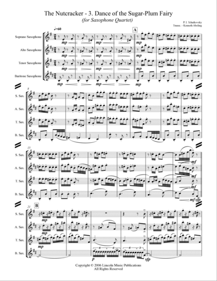 The Nutcracker Suite - 3. Dance of the Sugar-Plum Fairy (for Saxophone Quartet SATB) Saxophone Quartet scores gallery preview page 2