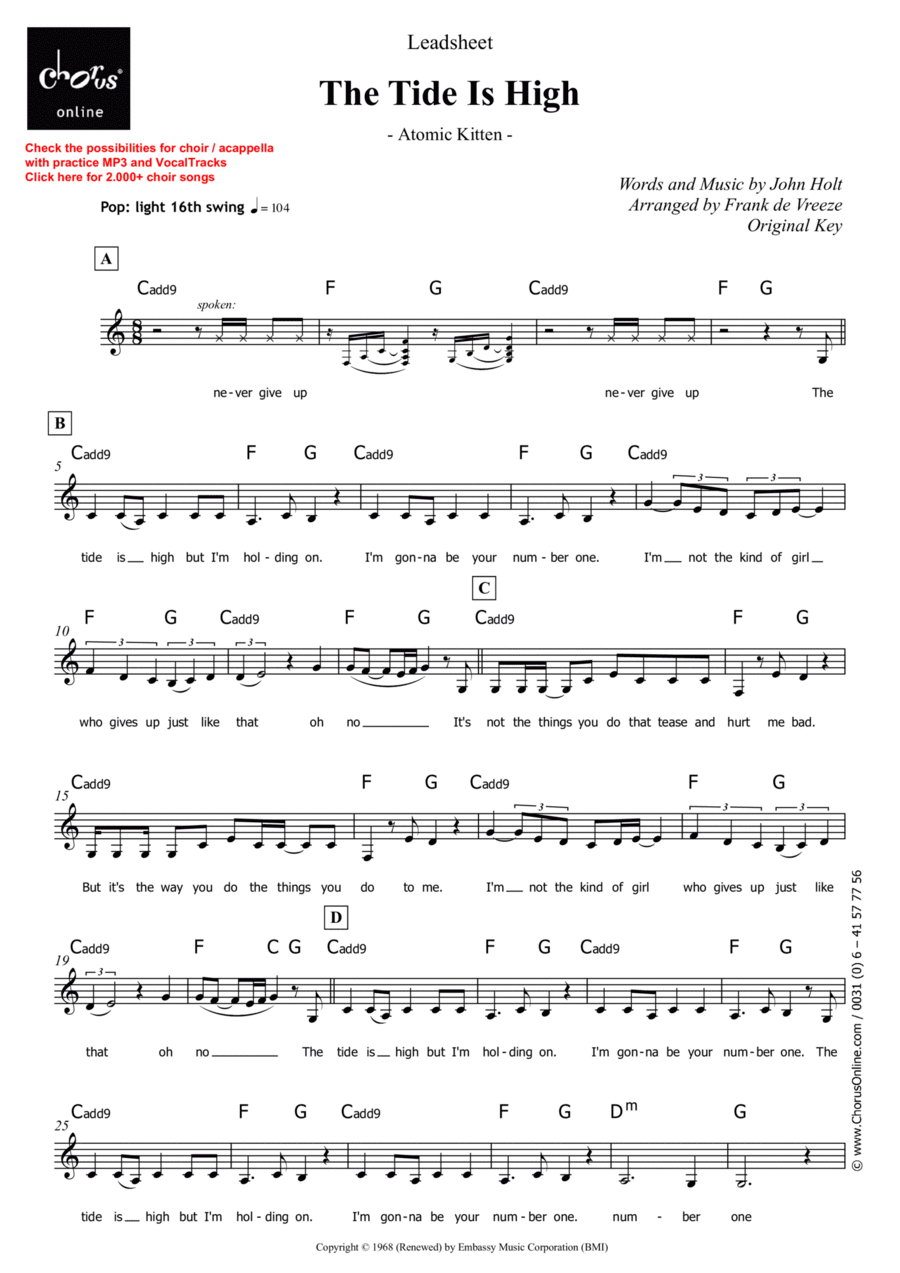 The Tide Is High Unison Choir scores gallery preview page 1