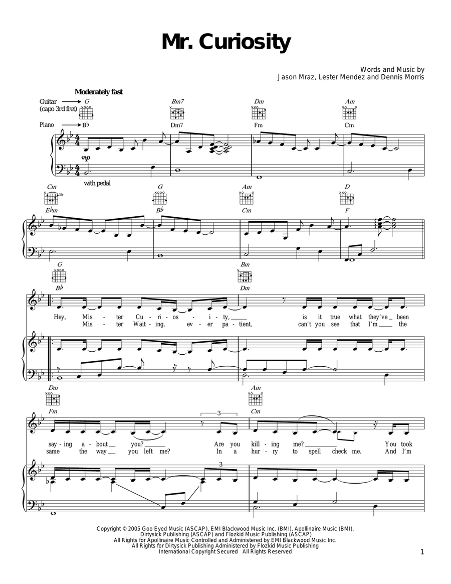 Mr. Curiosity Piano, Vocal, Guitar scores gallery preview page 1