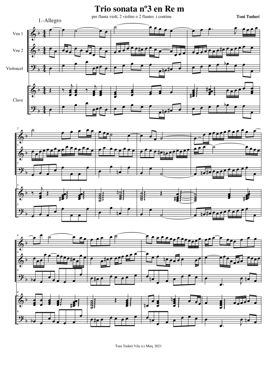 Trio sonata nº3 in D minor for flute, violin & cello or 2 violins & cello and basso continuo (SCORE Small Ensemble scores gallery preview page 1