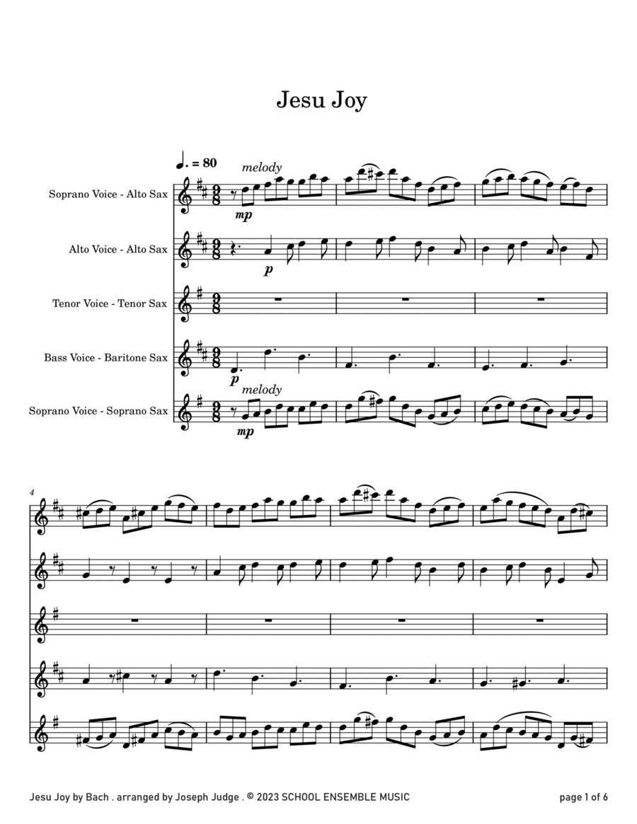 Jesu Joy by Bach for Saxophone Quartet in Schools Saxophone Quartet scores gallery preview page 1