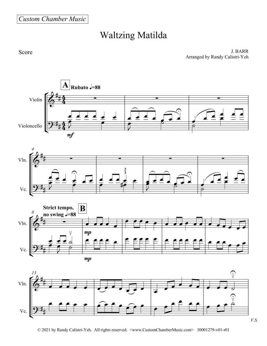 Waltzing Matilda (violin/cello duet) String Duet scores gallery preview page 1